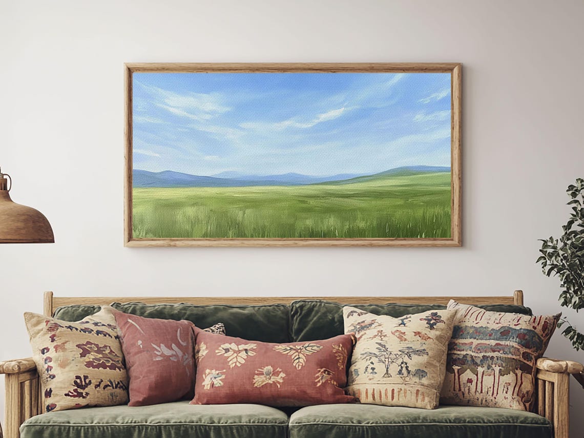 Green Meadow Under Blue Sky Minimalist Landscape Painting Wall Art - Image 6