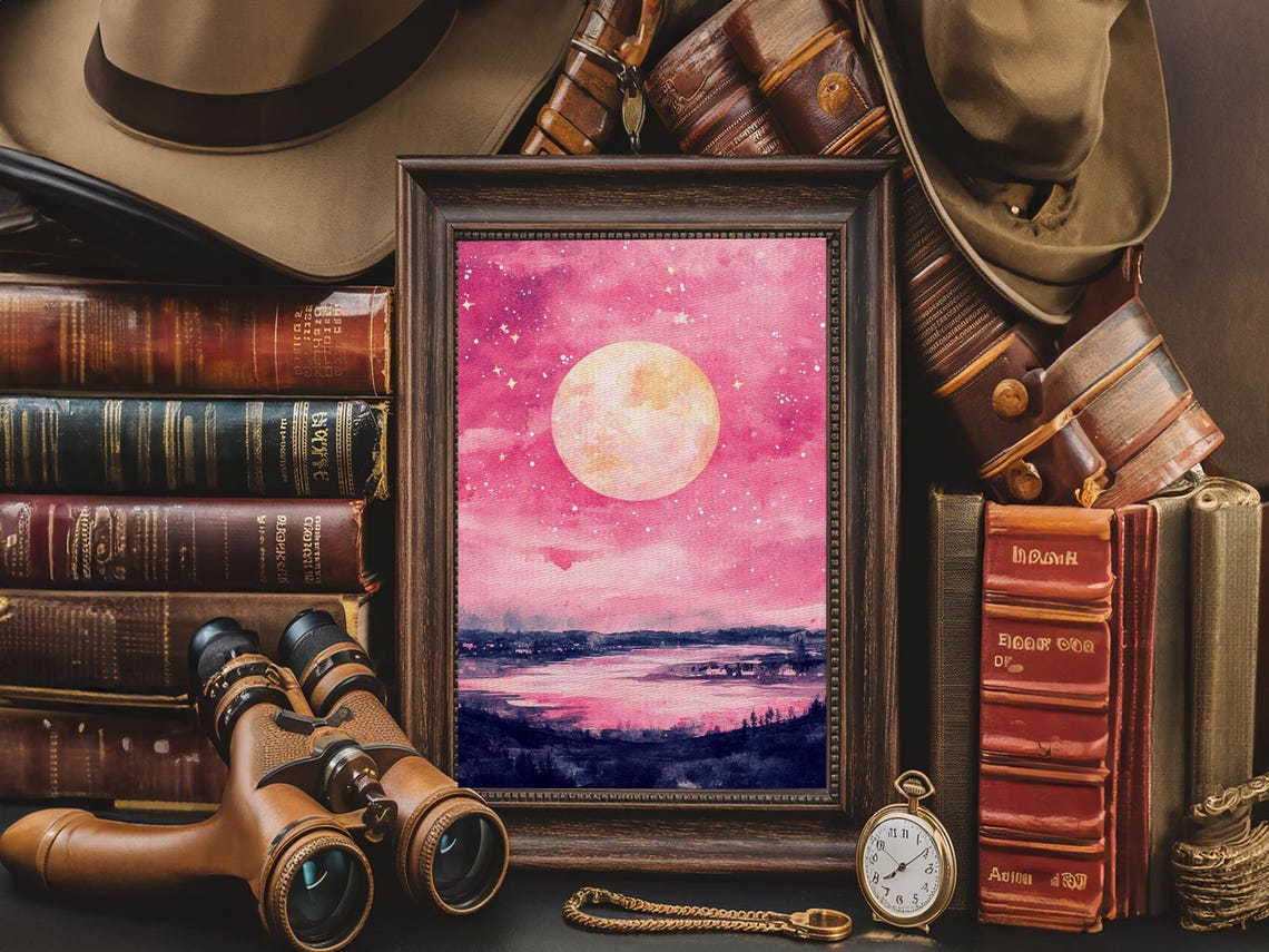 Pink Moonlit Night Lake Starry Sky Dreamy Watercolor Landscape Print