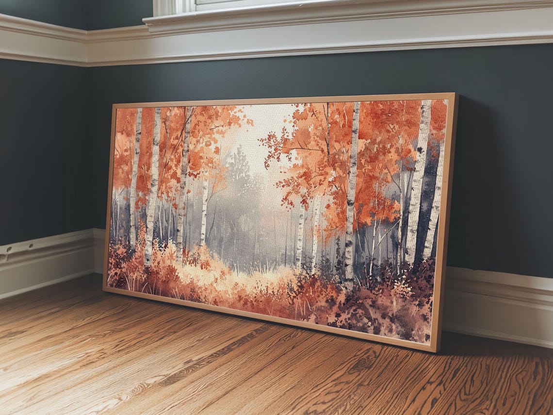 Autumn Birch Forest Misty Orange Foliage Watercolor Painting Wall Art - Image 2