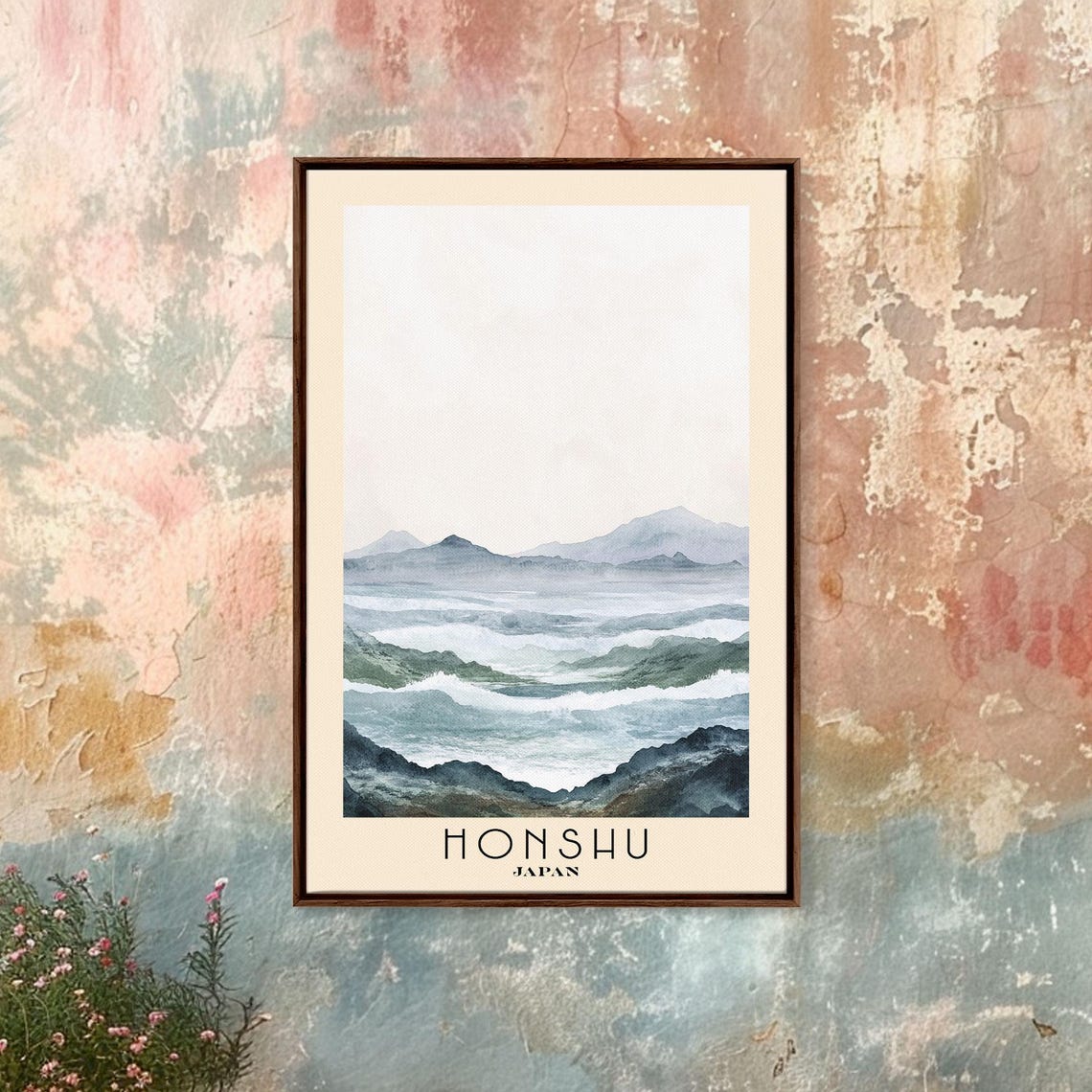 Honshu Japan Misty Mountain Seascape Grey Blue Watercolor Print - Image 4