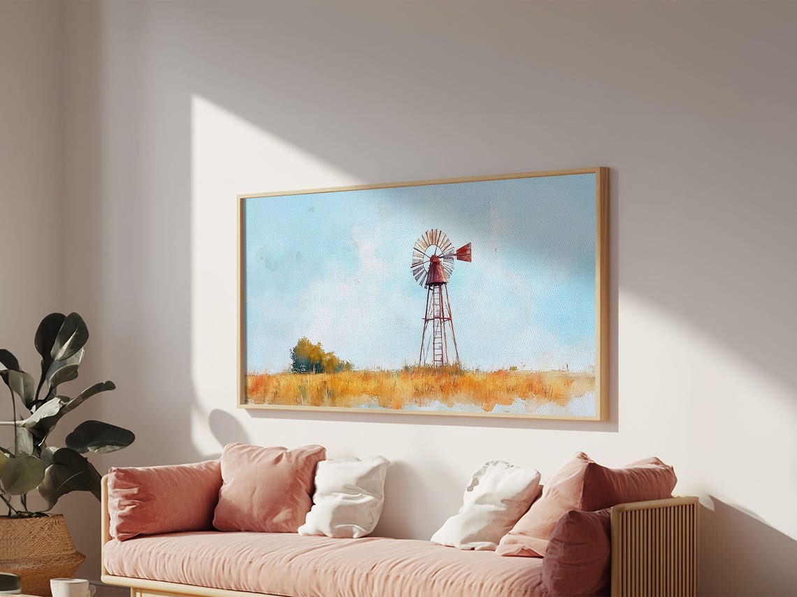 Rustic Windmill Framed Print Perfect Above Sofa Farmhouse Art Panoramic Artwork Wabi Sabi Inspired Bedroom Horizontal Wall Art - Image 3