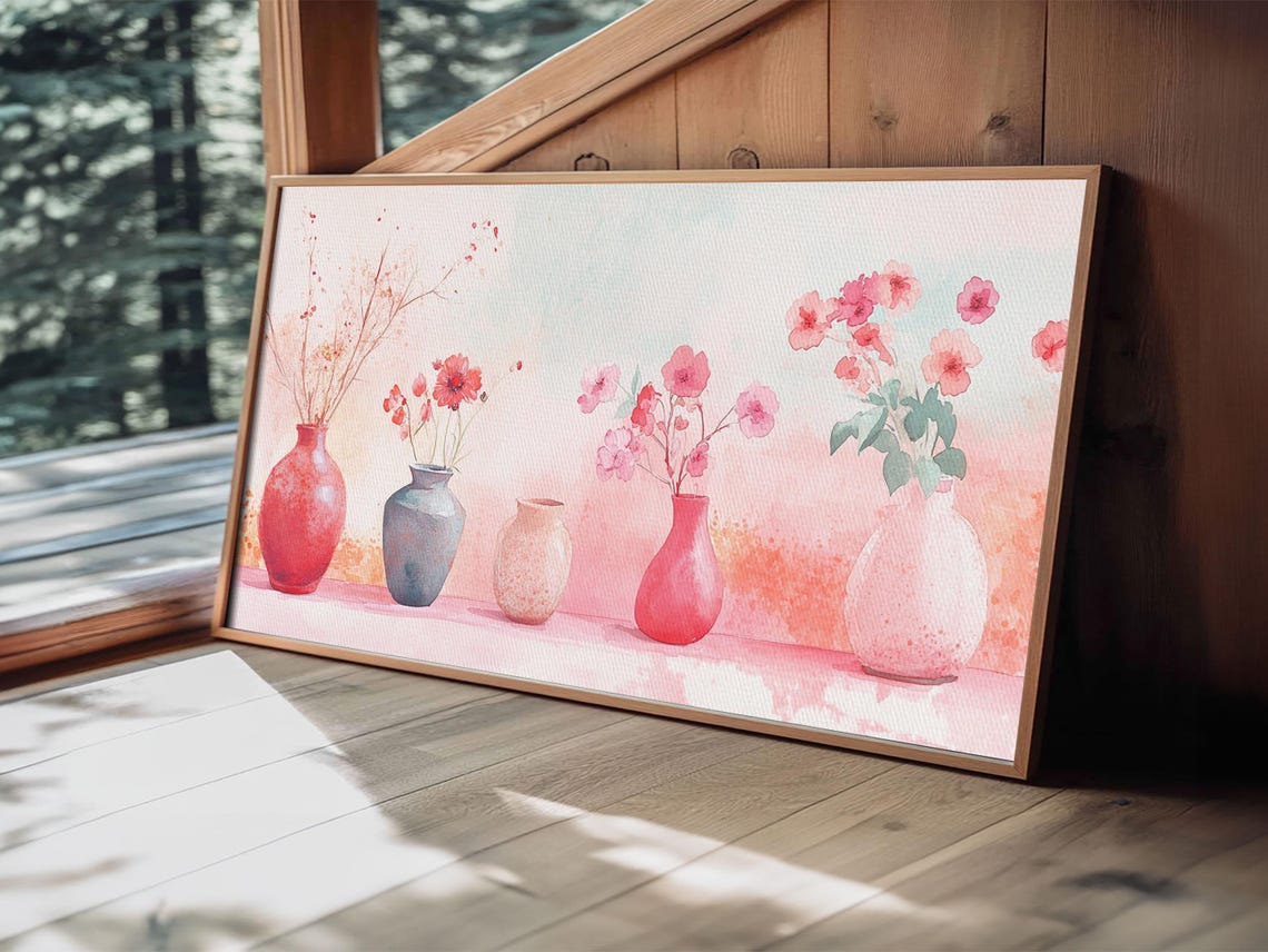 Pastel Vases Pink Flowers Watercolor Botanical Shelf Floral Poster - Image 3