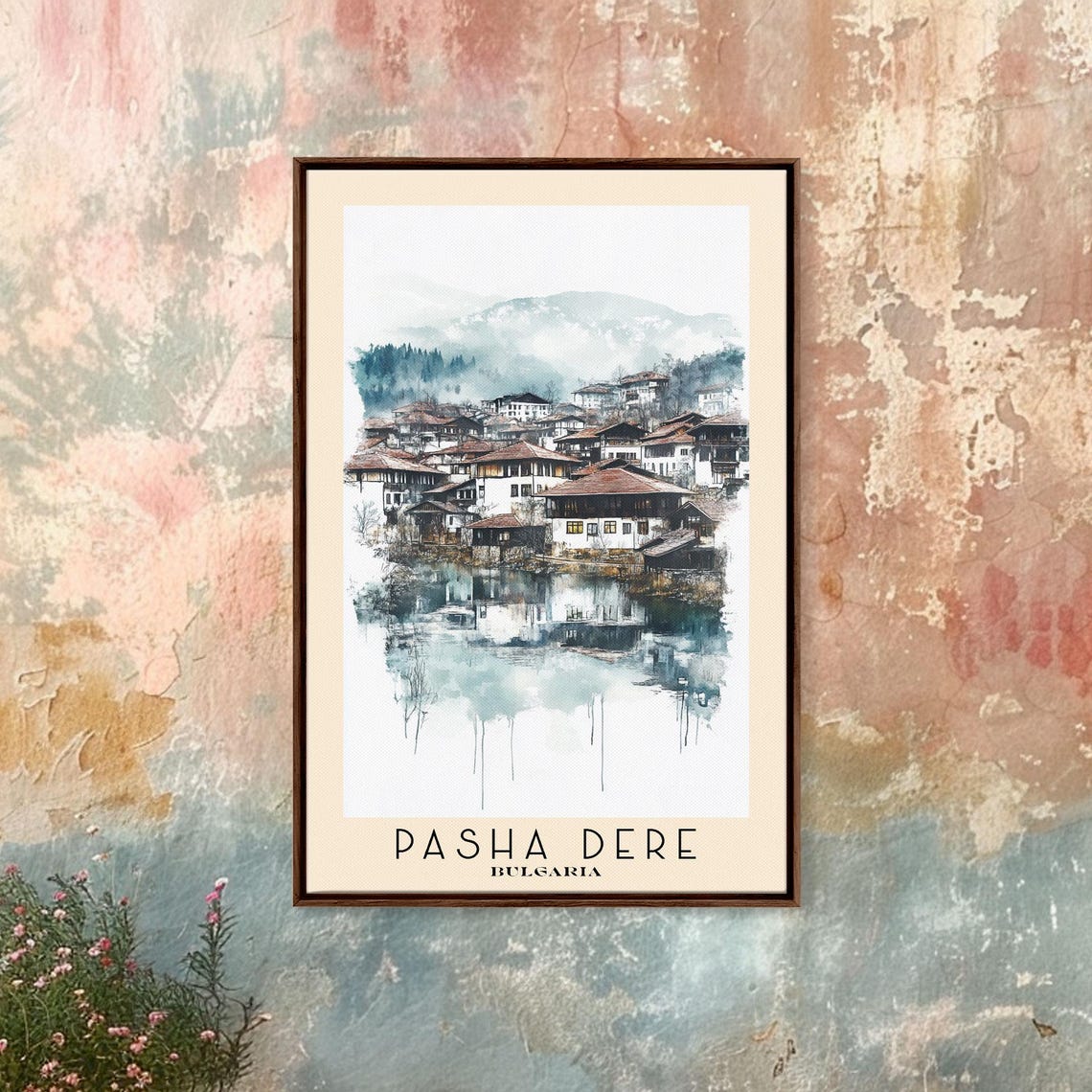Pasha Dere Bulgaria Lakeside Village Watercolor Mountain Travel Poster