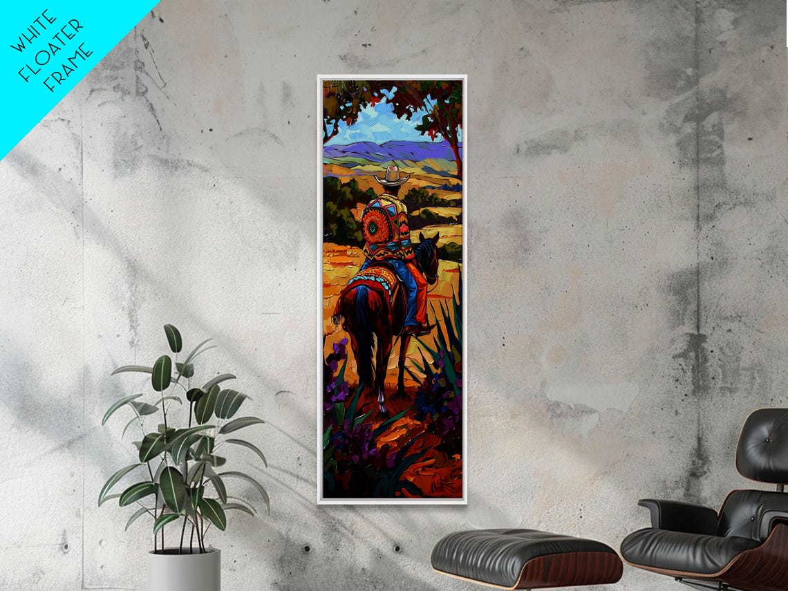 Long Narrow Wall Art Painting Of Jalisco Cowboy Southwest Wall Art Painting Colorful Desert Painting Framed And Printed Office Art - Image 5