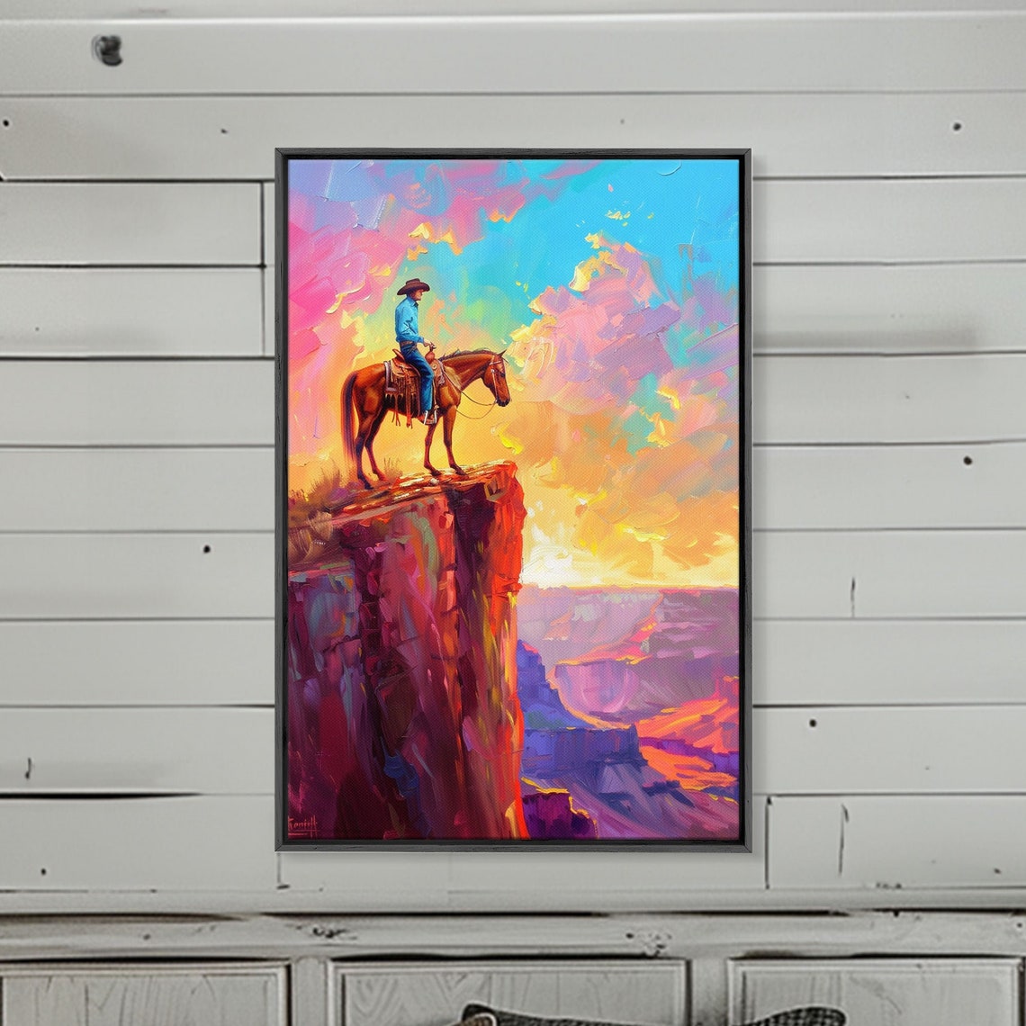Cowboy On Horse At Sunrise Colorful Western Landscape Painting Sunrise Wall Art Living Room Decor Cowboy Print - Image 4
