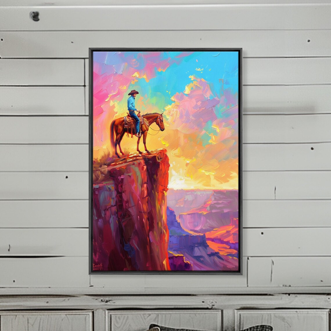 Cowboy On Horse At Sunrise Over Canyon In Pink And Gold Art Poster - Image 4