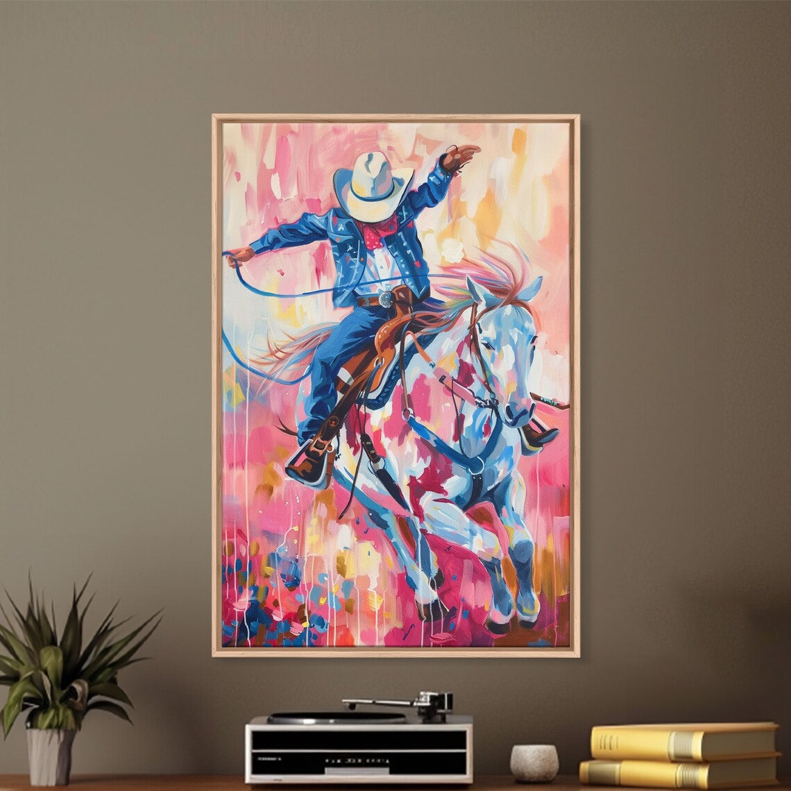 Cowboy Riding Horse In Vibrant Pink Blue And Orange Rodeo Art Poster