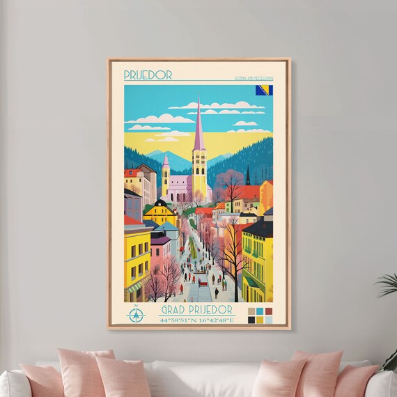 Prijedor Bosnia And Herzegovina Travel Poster Framed Print Midcentury Modern Art Pop Art Wall Decor Home Decor Vacation Gift