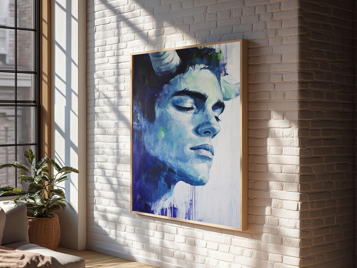Satyr Face Watercolor Blue Eyes Closed Dreamy Fantasy Creature Art Poster - Image 3