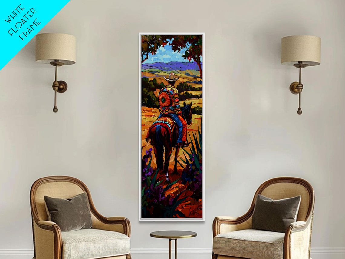 Long Narrow Wall Art Painting Of Jalisco Cowboy Southwest Wall Art Painting Colorful Desert Painting Framed And Printed Office Art - Image 6