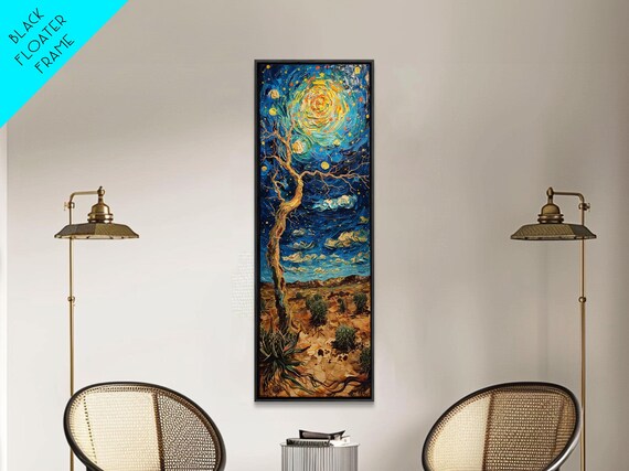 Vibrant Night Sky Desert Tree Whimsical Boho Starry Landscape Framed Print Tall Art Japanese Style Art