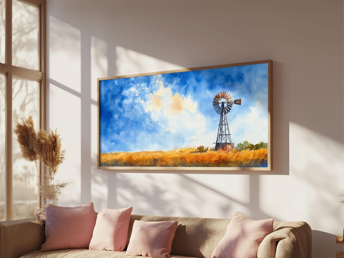 Bright Blue Sky Windmill Framed Print Rustic Farmhouse Art Horizontal Artwork Ideal Above Sofa Unique Living Room Wall Decor - Image 3