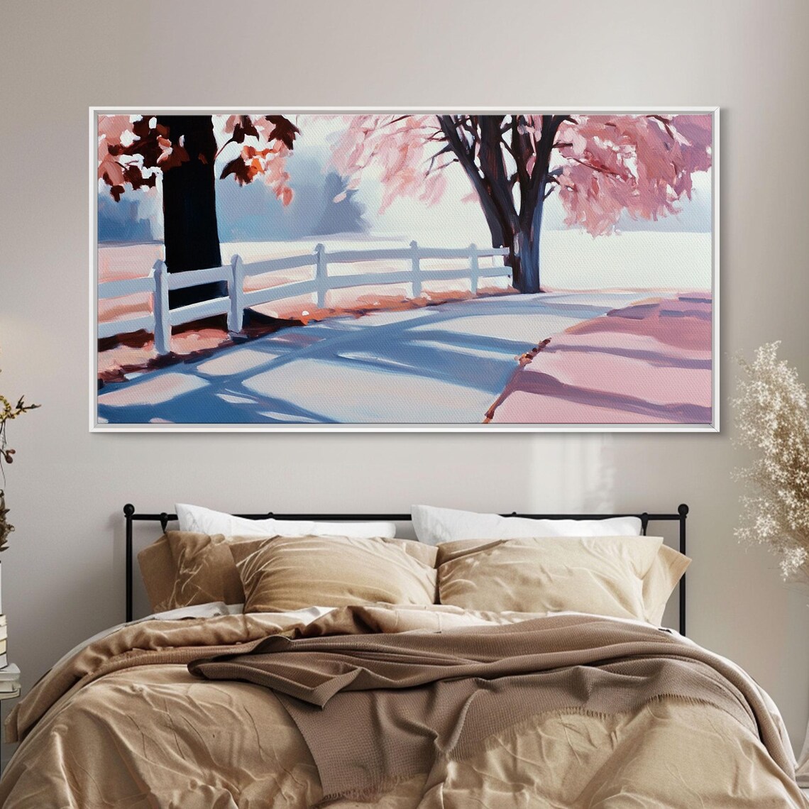 Snowy Farm Lane White Fence Pink Blossom Trees Winter Path Poster - Image 2