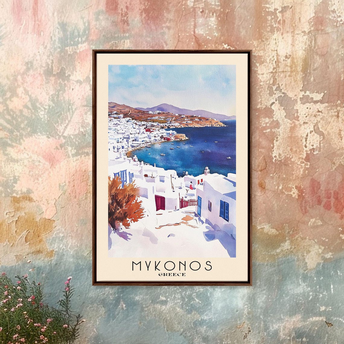 Mykonos Greece White Town Harbor Boats Blue Sea Watercolor Poster