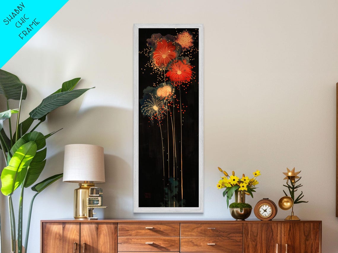 Colorful Fireworks Dark Night Sky Japanese Style Tall Art Poster - Image 4
