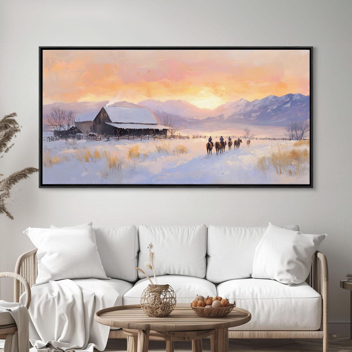 Snowy Farmhouse Sunset Ranch Barn Riders Winter Mountain Poster - Image 2