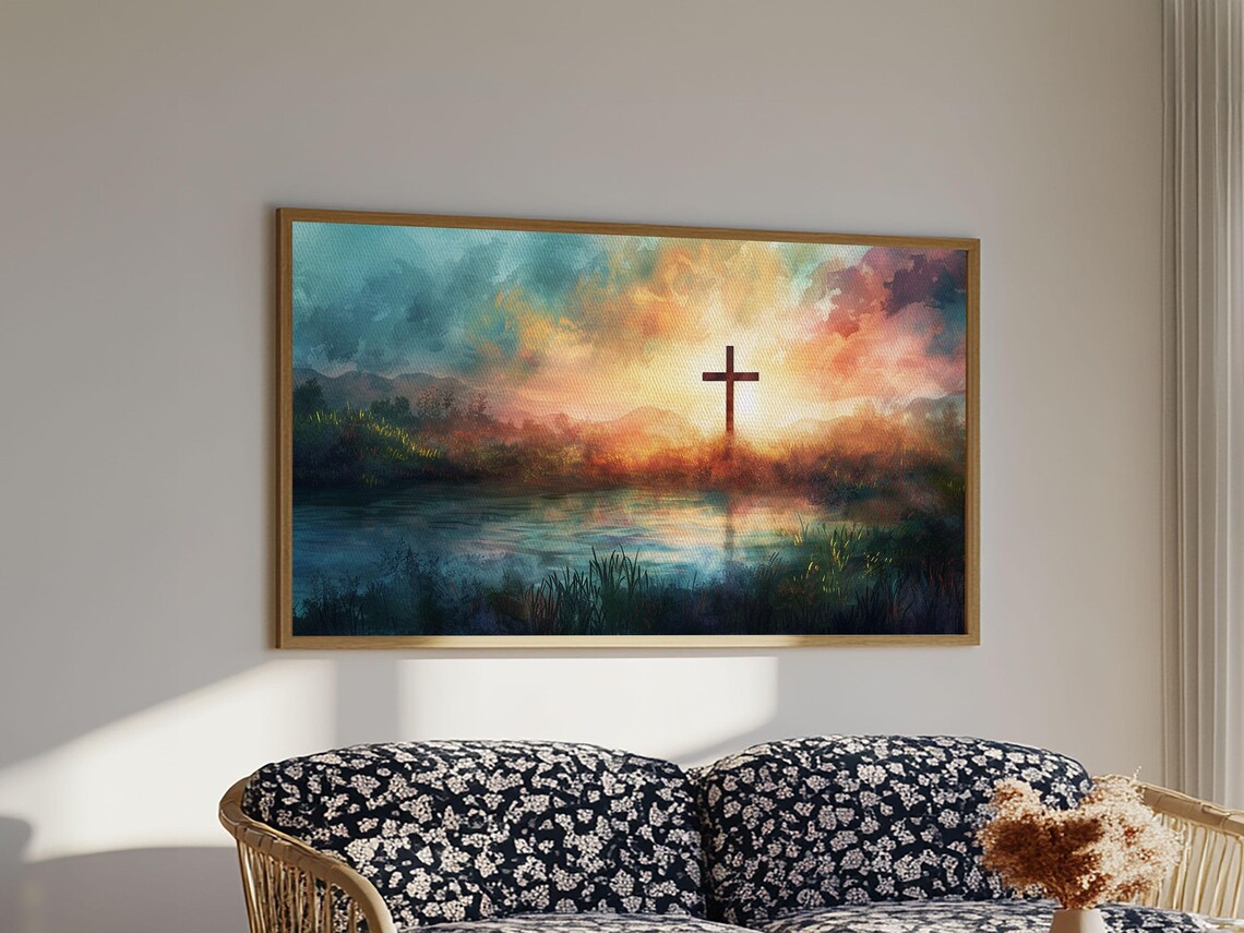 Christian Cross Silhouette Colorful Lake Sunset Peaceful Faith Wall Poster - Image 6