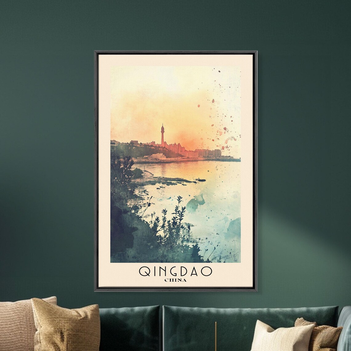 Qingdao China City Skyline Sunset Orange Sky Harbor Tower Coastal Watercolor Poster - Image 5