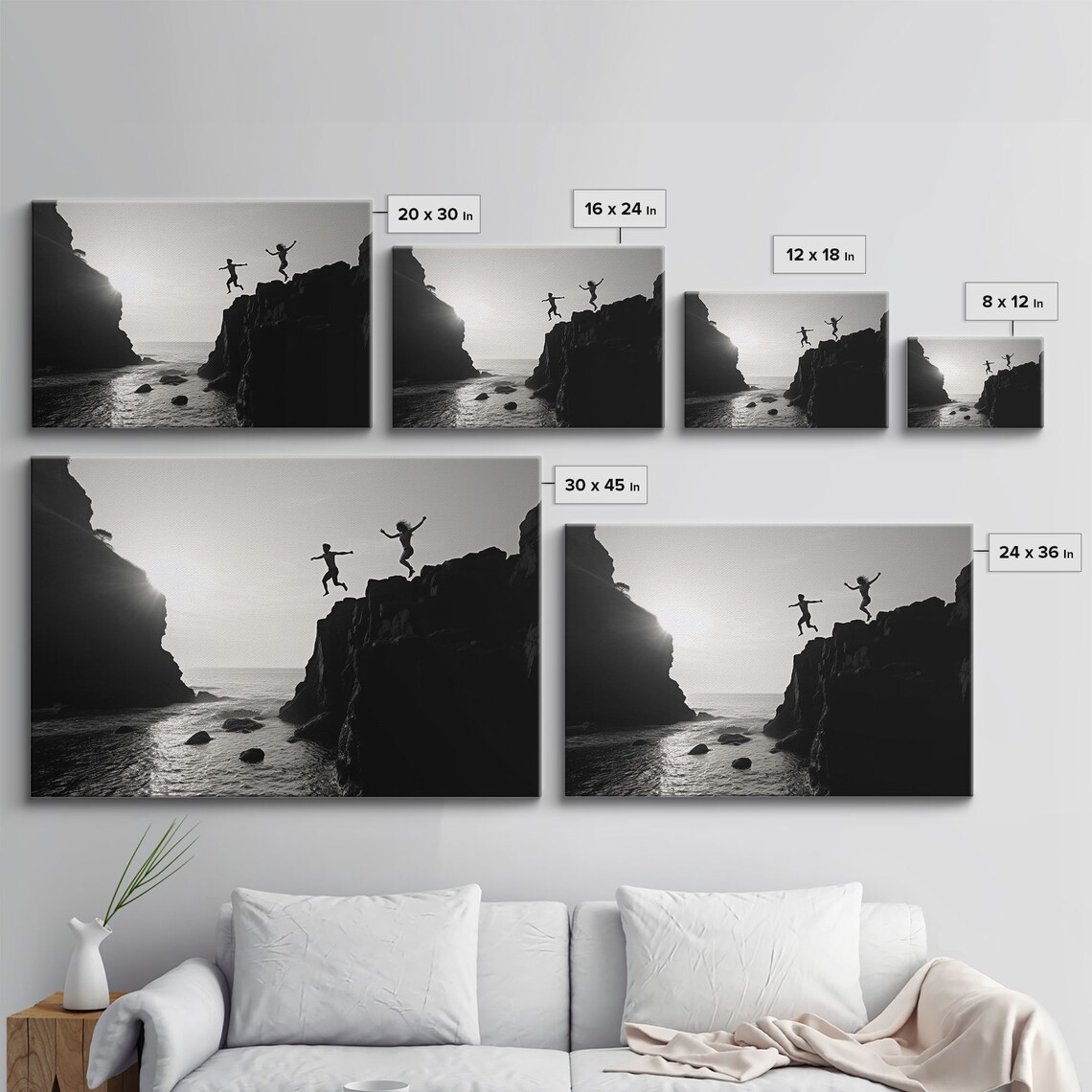 Black And White Cliff Divers Jumping Ocean Dramatic Minimalist Photography Print - Image 2