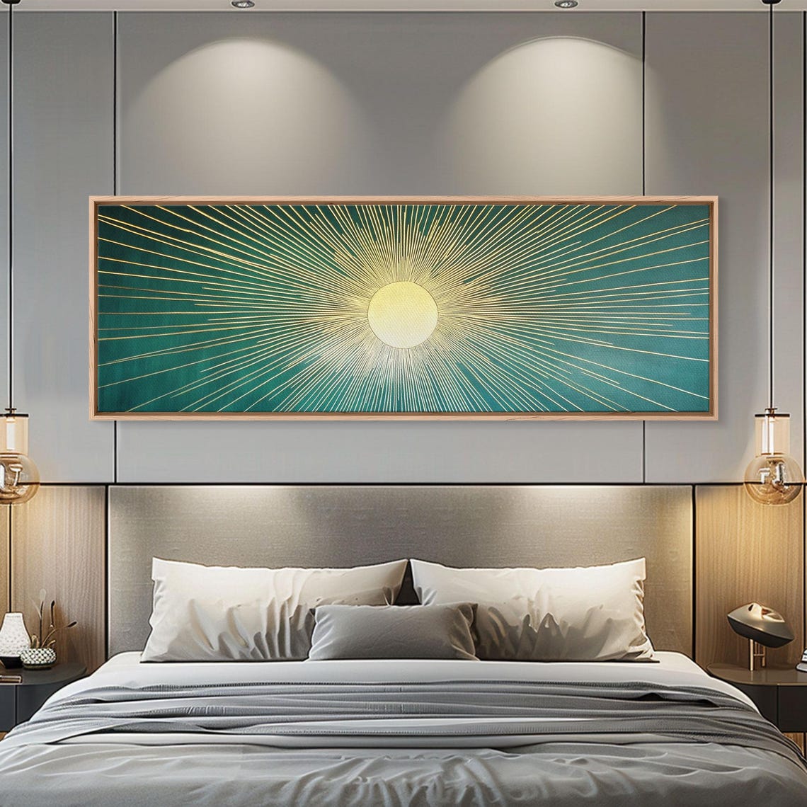 Art Deco Sunburst Emerald Green Gold Geometric Rays Wall Art Print - Image 2