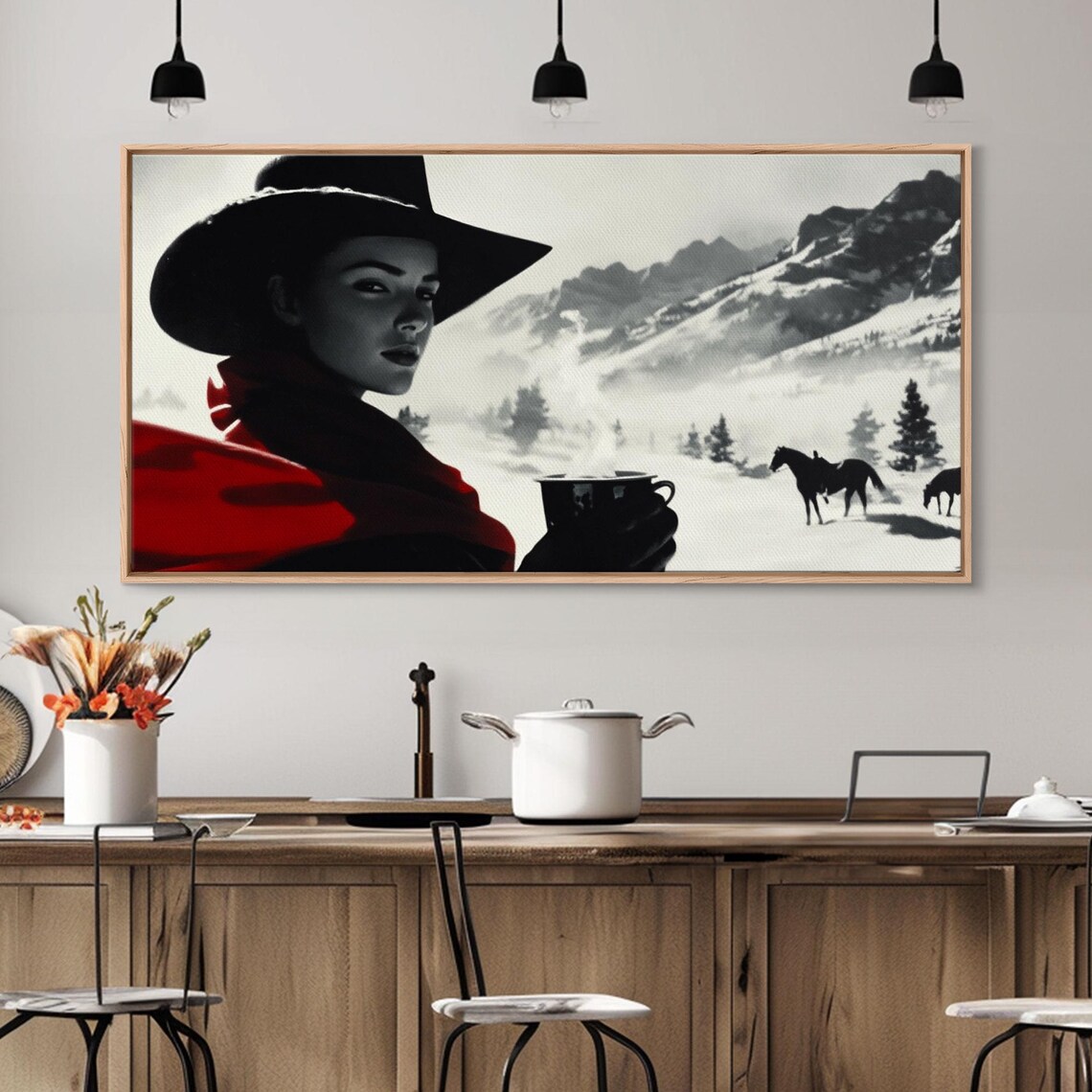 Moody Cowgirl Portrait In Snow With Red Poncho Black And White Poster - Image 6