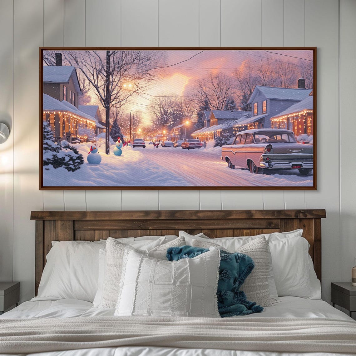 Snowy Suburban Street At Dusk With A Classic Car And Lights Poster - Image 6