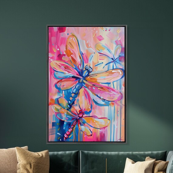 Trio Of Colorful Dragonflies In Abstract Art Framed Print Nature Inspired Wall Art Vibrant Living Room Decor Bedroom Art