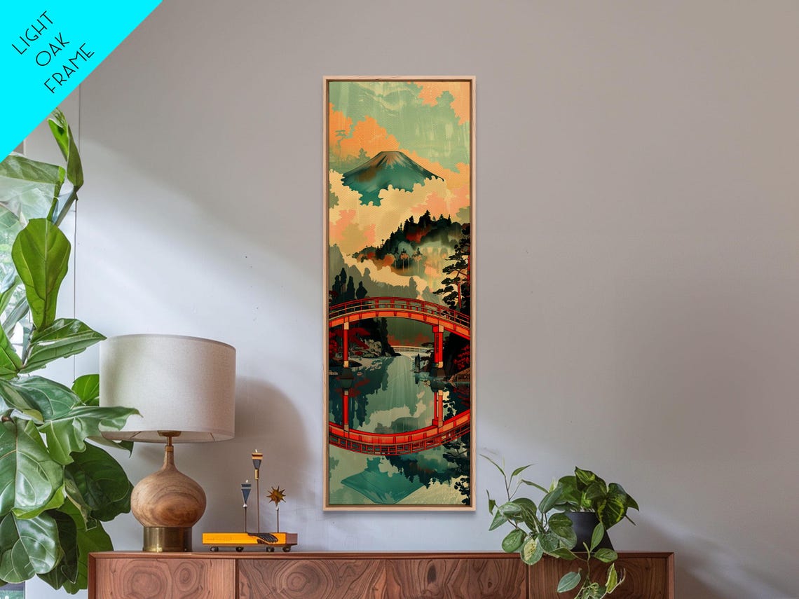 Mount Fuji Red Arched Bridge Reflection Woodblock Style Travel Poster - Image 2