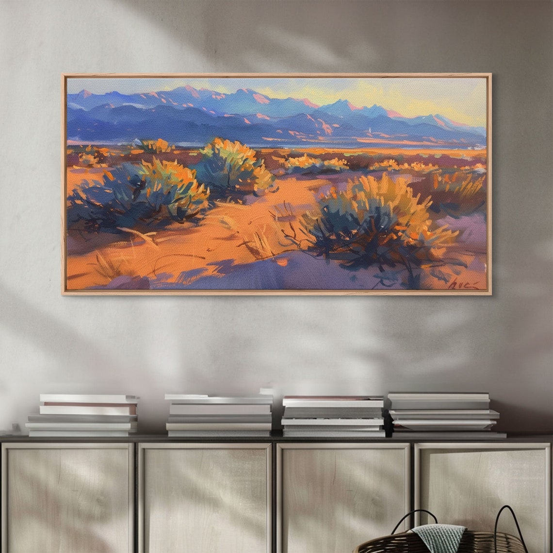 Golden Desert Dunes Sagebrush Blue Mountain Sunset Painting Poster - Image 2