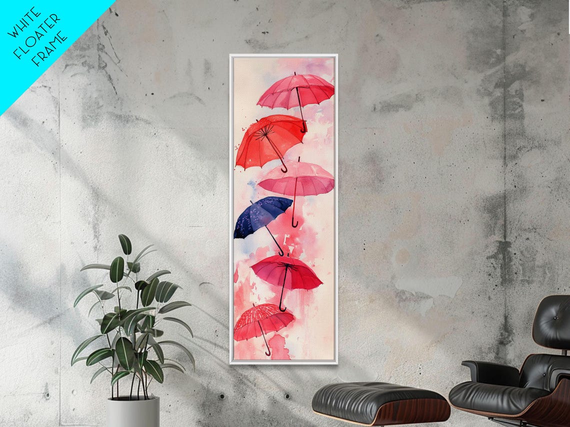 Floating Colorful Umbrellas Pink Watercolor Whimsical Art Poster - Image 2