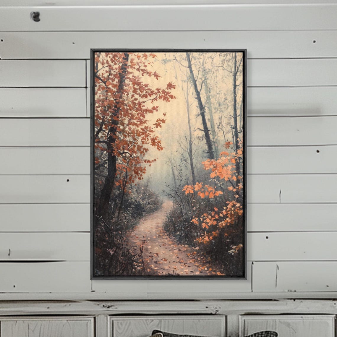 Autumn Forest Path Misty Orange Maple Trees Landscape Poster - Image 2