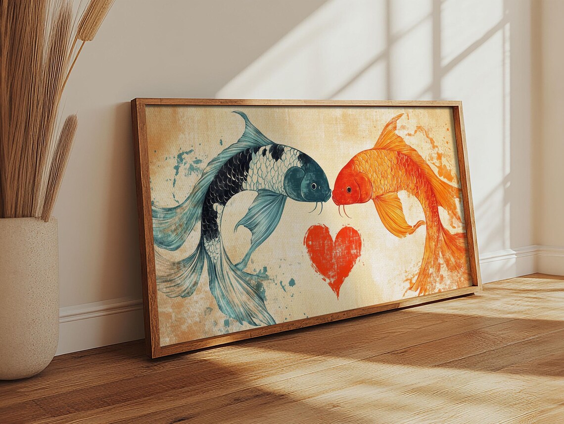 Two Koi Fish Facing Red Heart Love Watercolor Painting Couples Print - Image 6