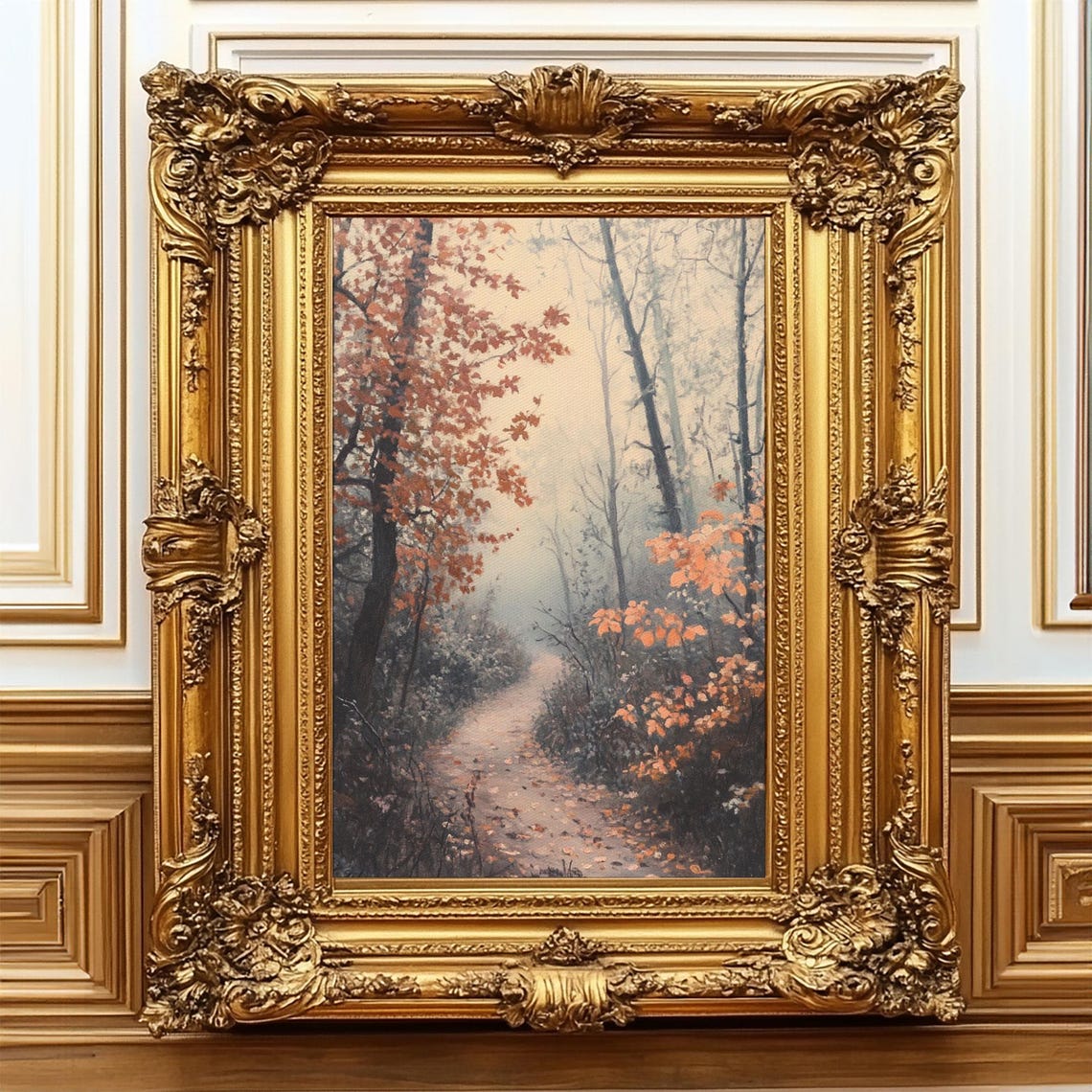 Autumn Forest Path Misty Orange Maple Trees Landscape Poster - Image 4