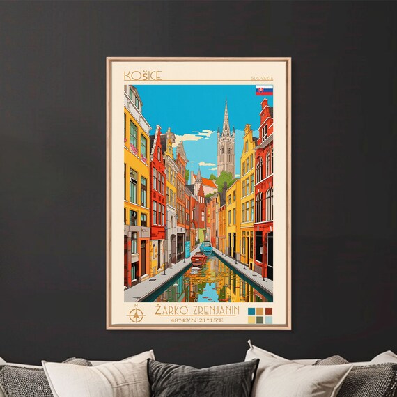 Kosice Slovakia Travel Poster Framed Print Midcentury Modern Art Pop Art Wall Decor Scenic Living Room Art Bedroom Gift