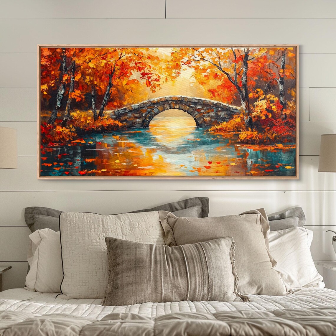 Autumn Stone Bridge River Golden Foliage Vibrant Oil Painting Print - Image 6