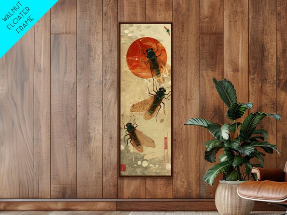 Detailed Depiction Of Cicadas Against Warm Sunset Background Ukiyo E Skinny Tall Wood Block Framed Print Japanese Style Art