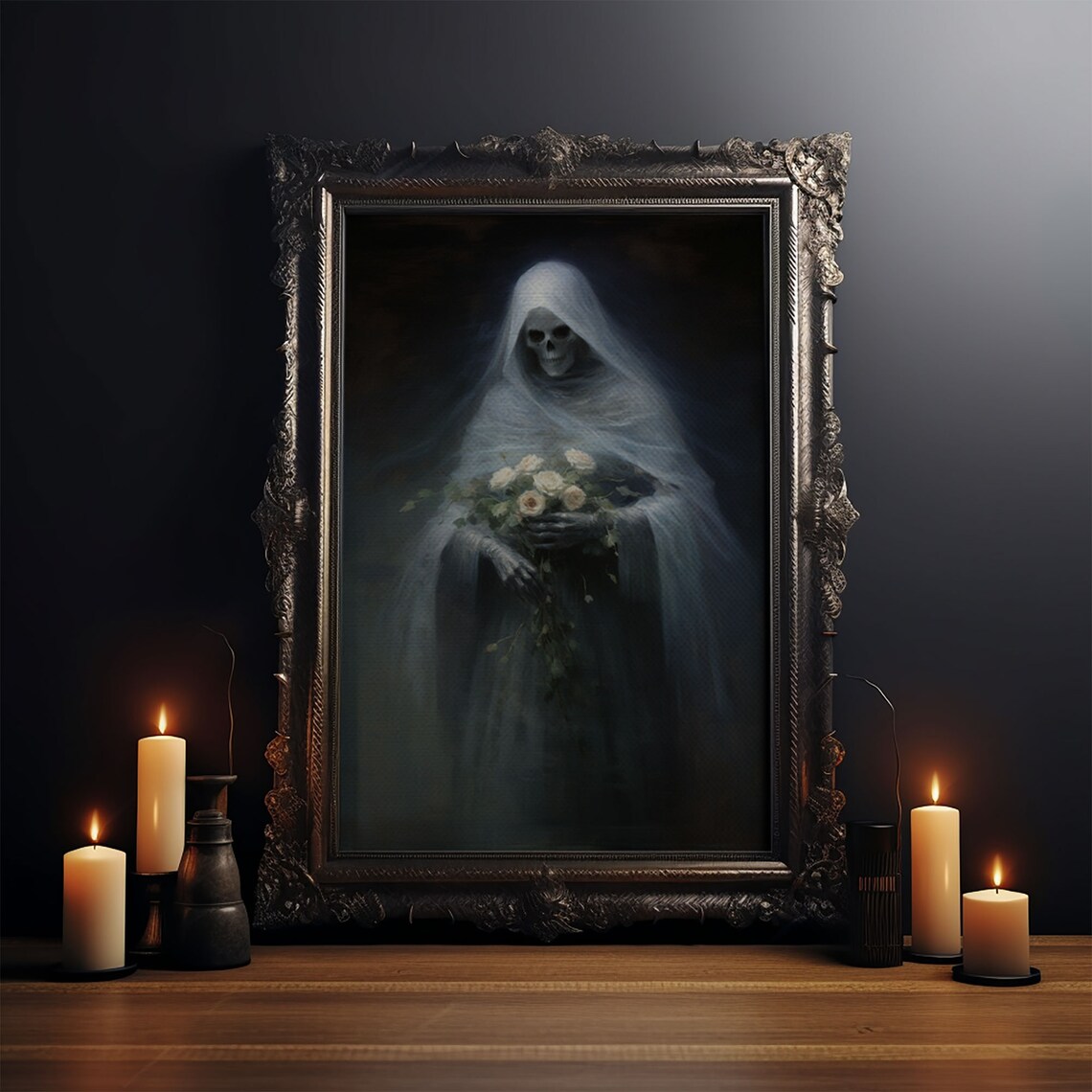Grim Reaper Holding Flowers, Gothic Halloween Art Print - Image 3