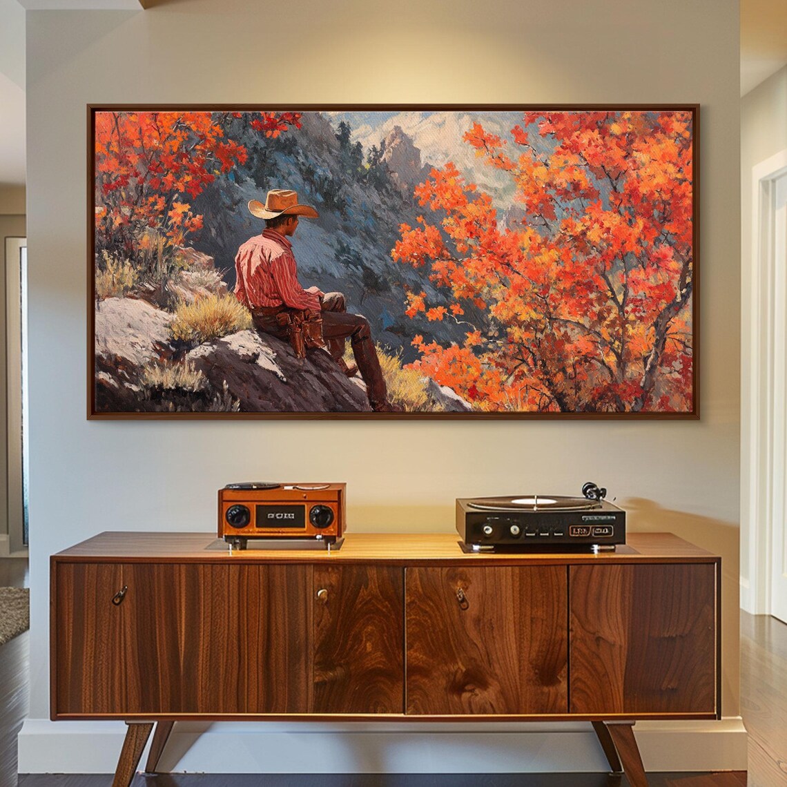 Cowboy Sitting On A Rocky Cliff Overlooking Autumn Mountains Print - Image 4