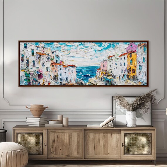 Italian Seaside Town Impasto Pastel Coastline Panoramic Travel Poster