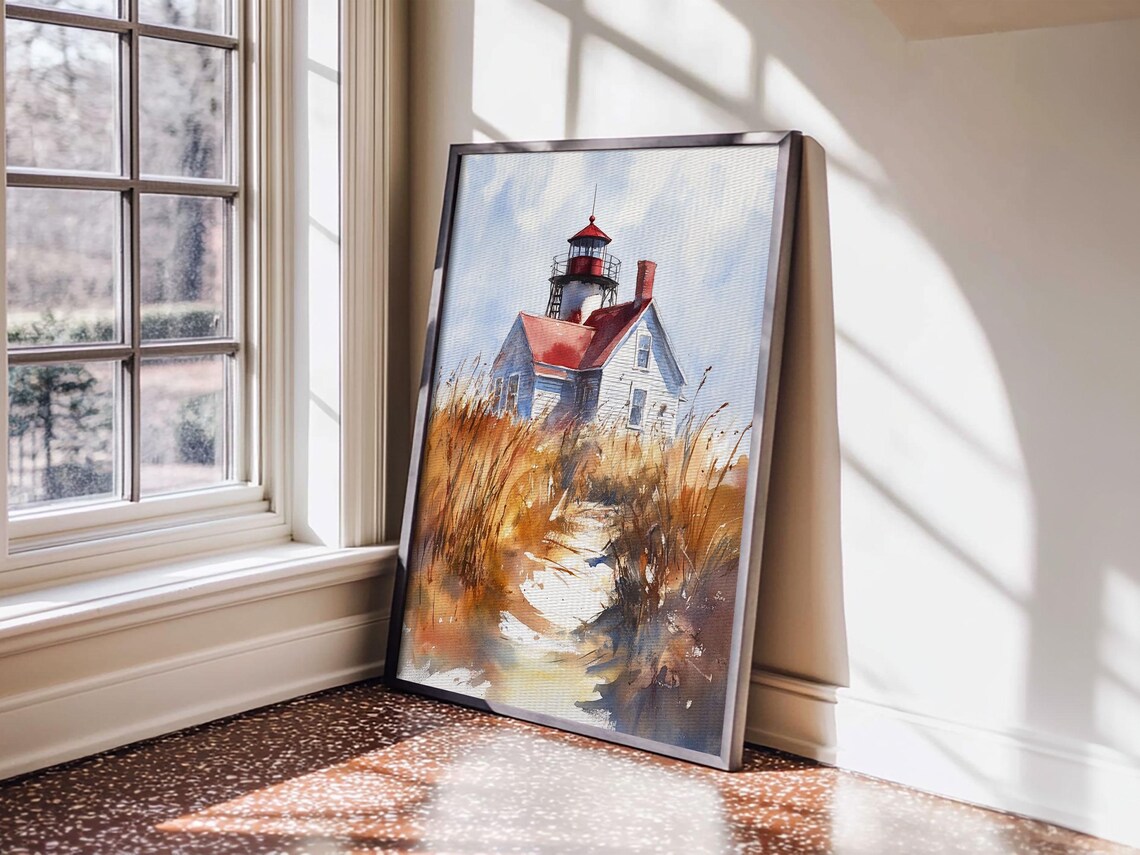 Maine Lighthouse Red Roof Dune Grass Watercolor Nautical Poster - Image 5
