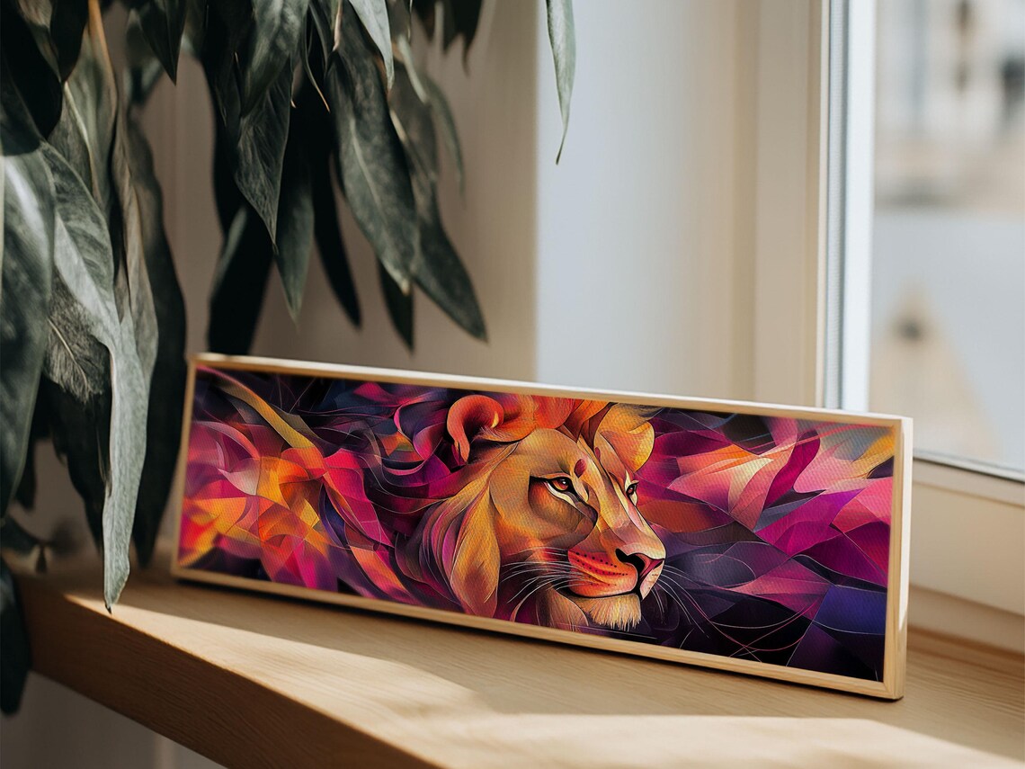Radiant Lion Profile Magenta Orange Abstract Geometric Panoramic Art Poster - Image 2