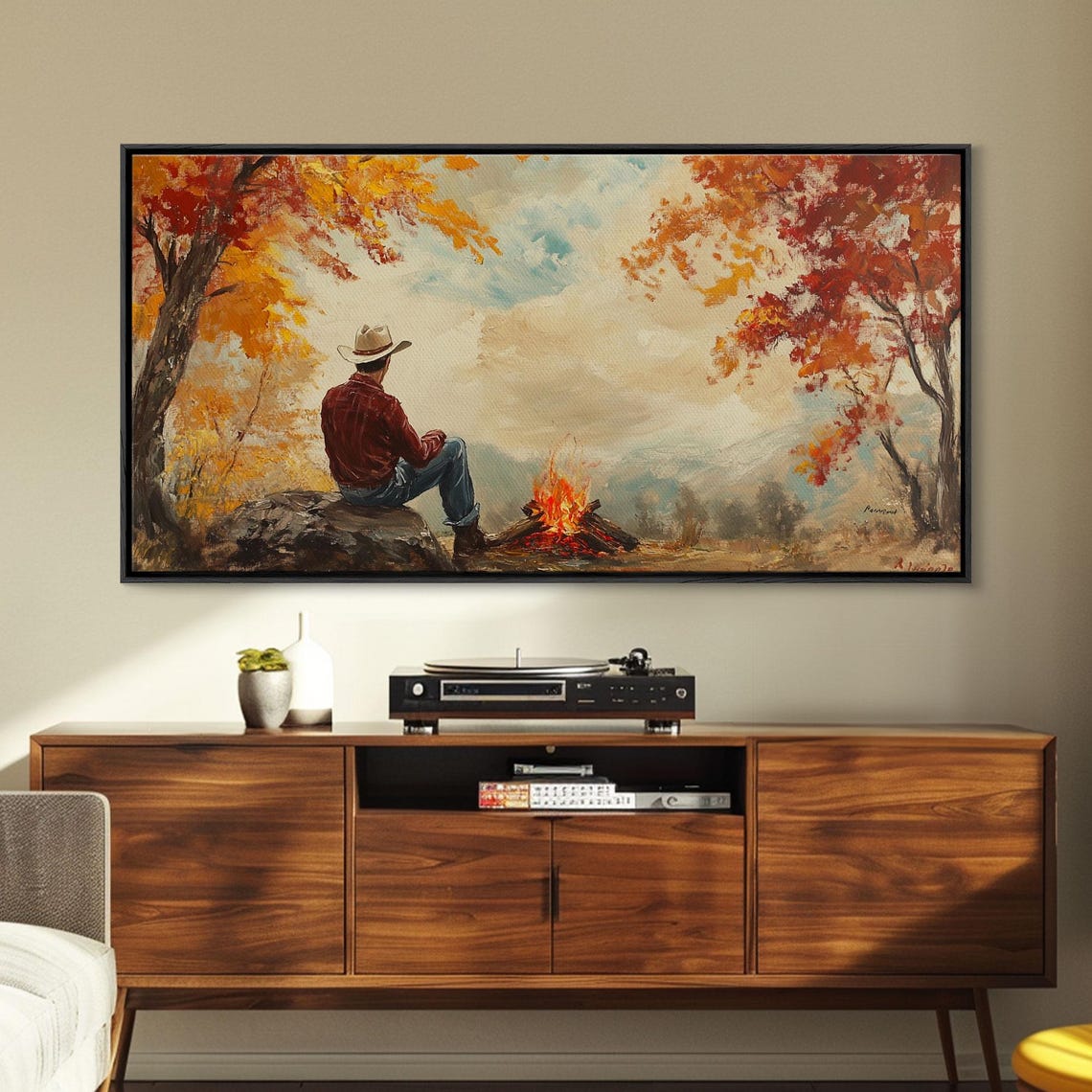 Cowboy Sitting By A Campfire With Autumn Mountains Behind Art Print - Image 6