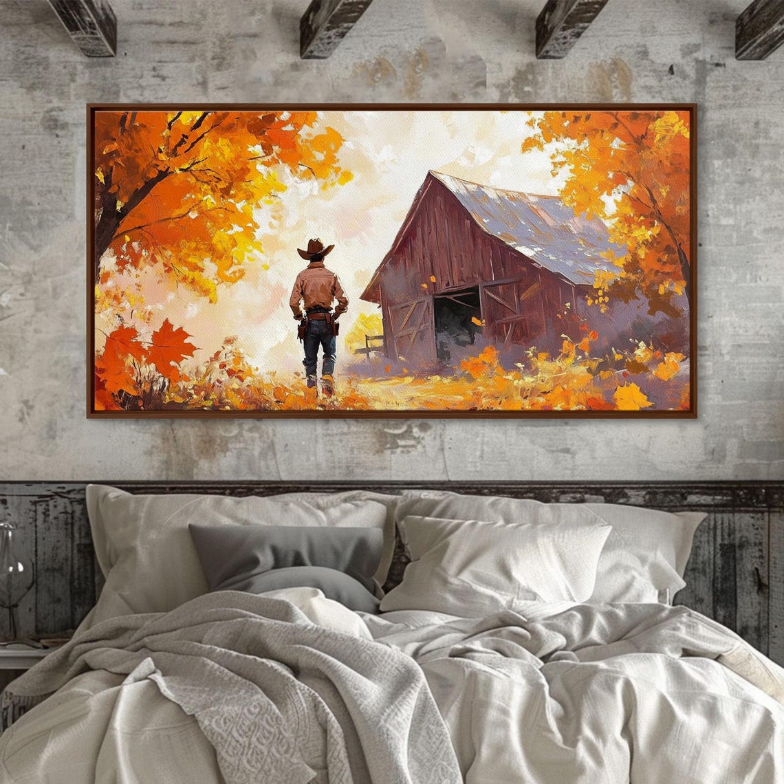Cowboy Walking Toward A Red Barn Through Bright Fall Foliage Print