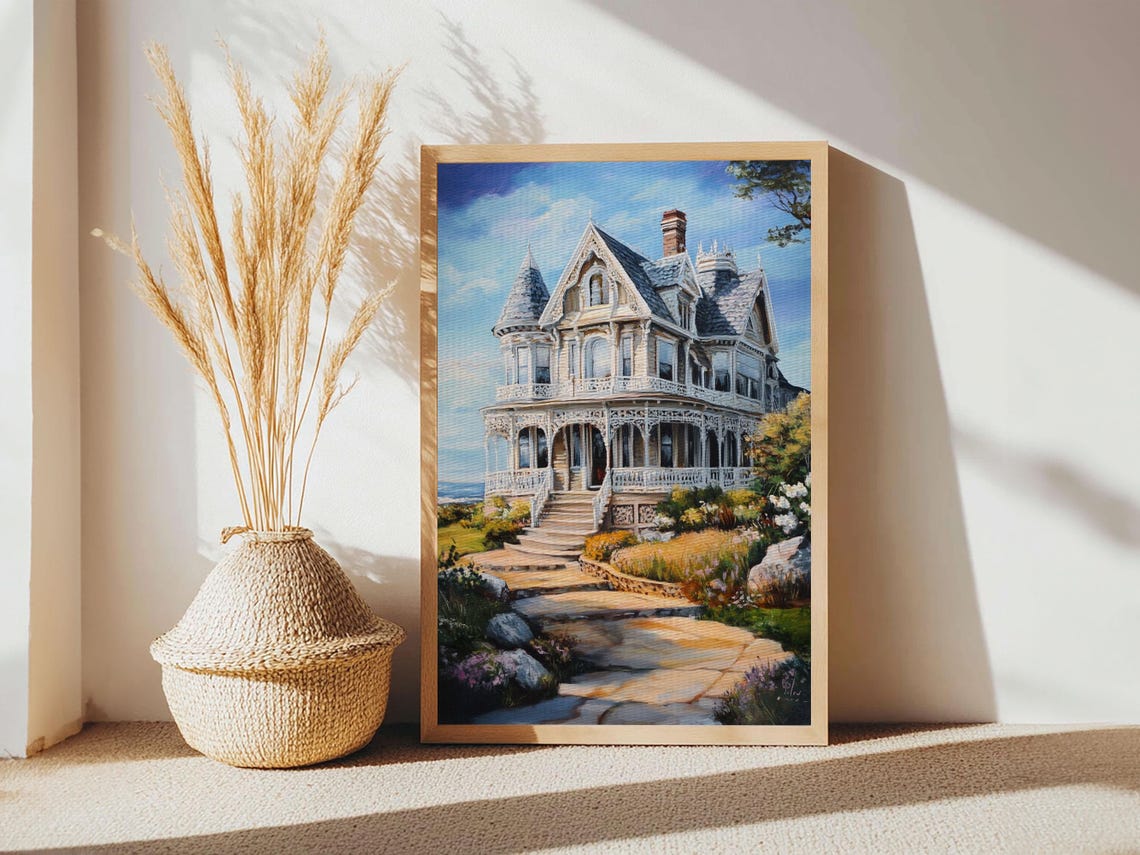 Victorian Queen Anne House Painting Garden Stone Path Home Poster