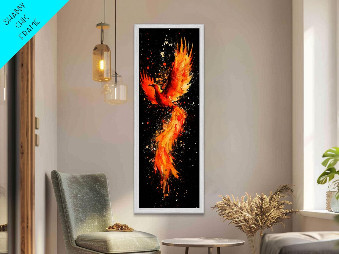 Fiery Phoenix Rising on Black Mythical Bird Watercolor Wall Art - Image 3
