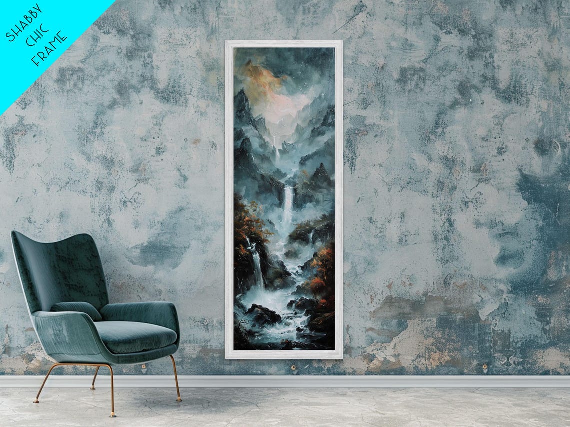 Waterfall Cascading Dark Misty Mountain Gorge Oil Painting Print - Image 6