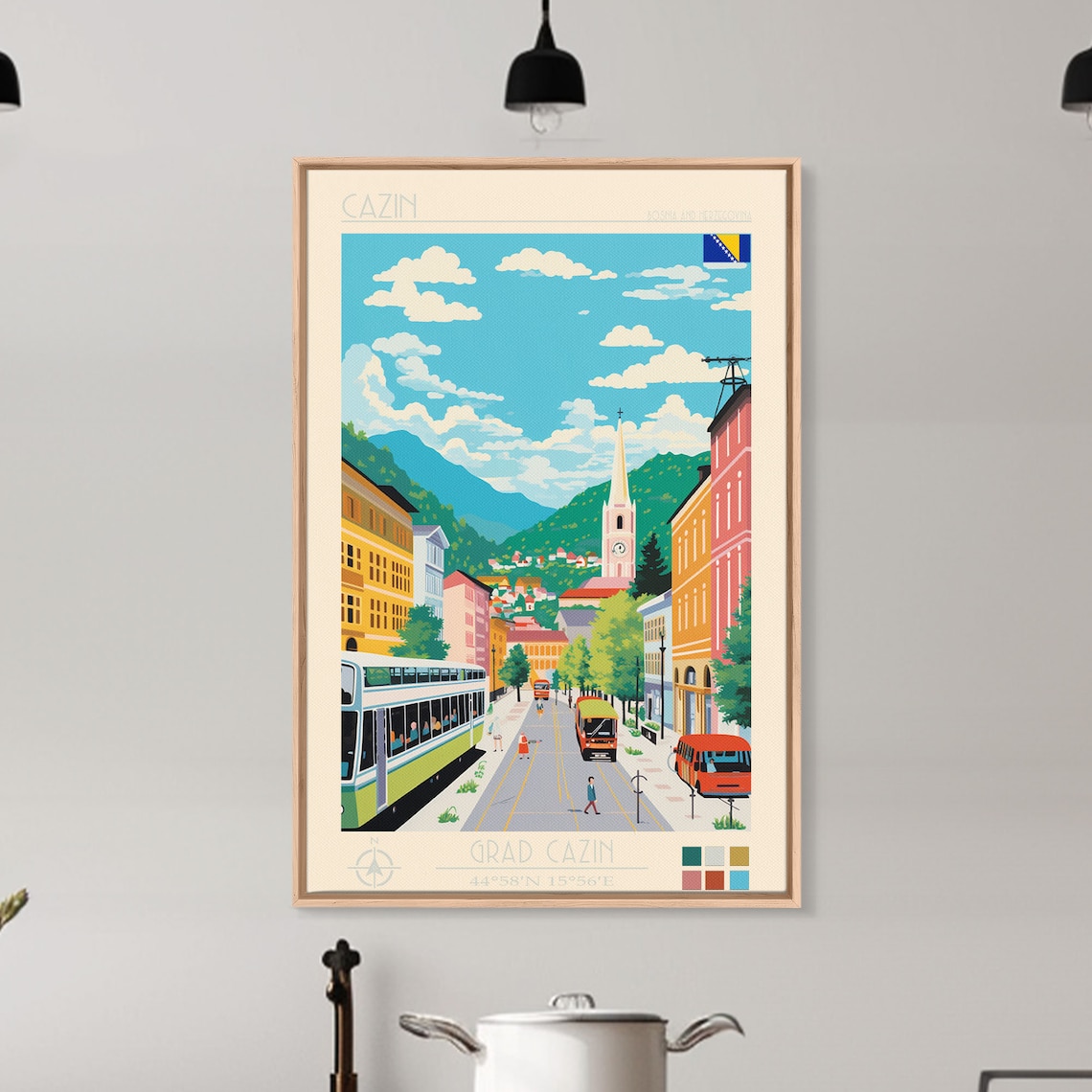Cazin Bosnia Herzegovina Mountain Streetcar View Vintage Travel Poster