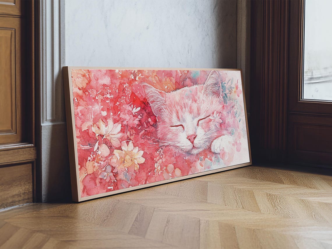 Sleeping Pink Kitten Among Flowers Watercolor Cute Cat Art Poster - Image 2