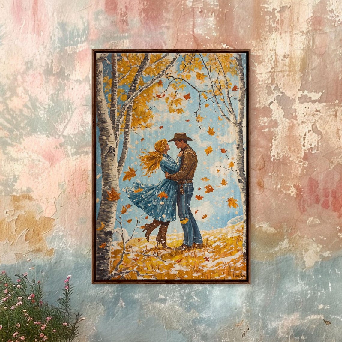 Cowboy Couple Embracing Autumn Birch Trees Falling Leaves Poster - Image 2