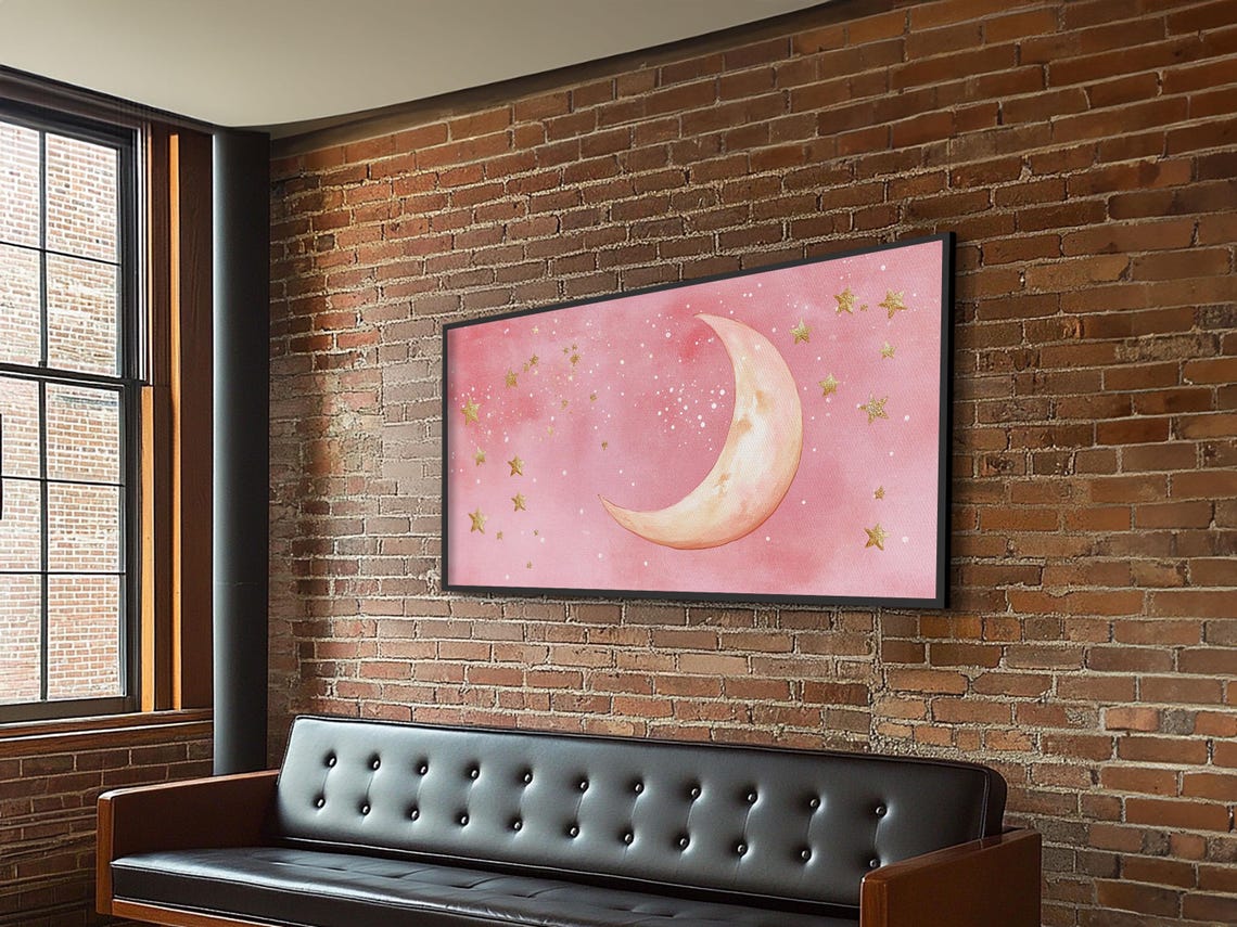Golden Crescent Moon And Stars On Pink Watercolor Celestial Sky Poster